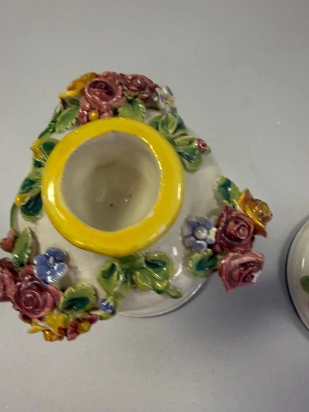 Vintage made in Italy White Ceramic Floral Candlestick with Yellow Accents
